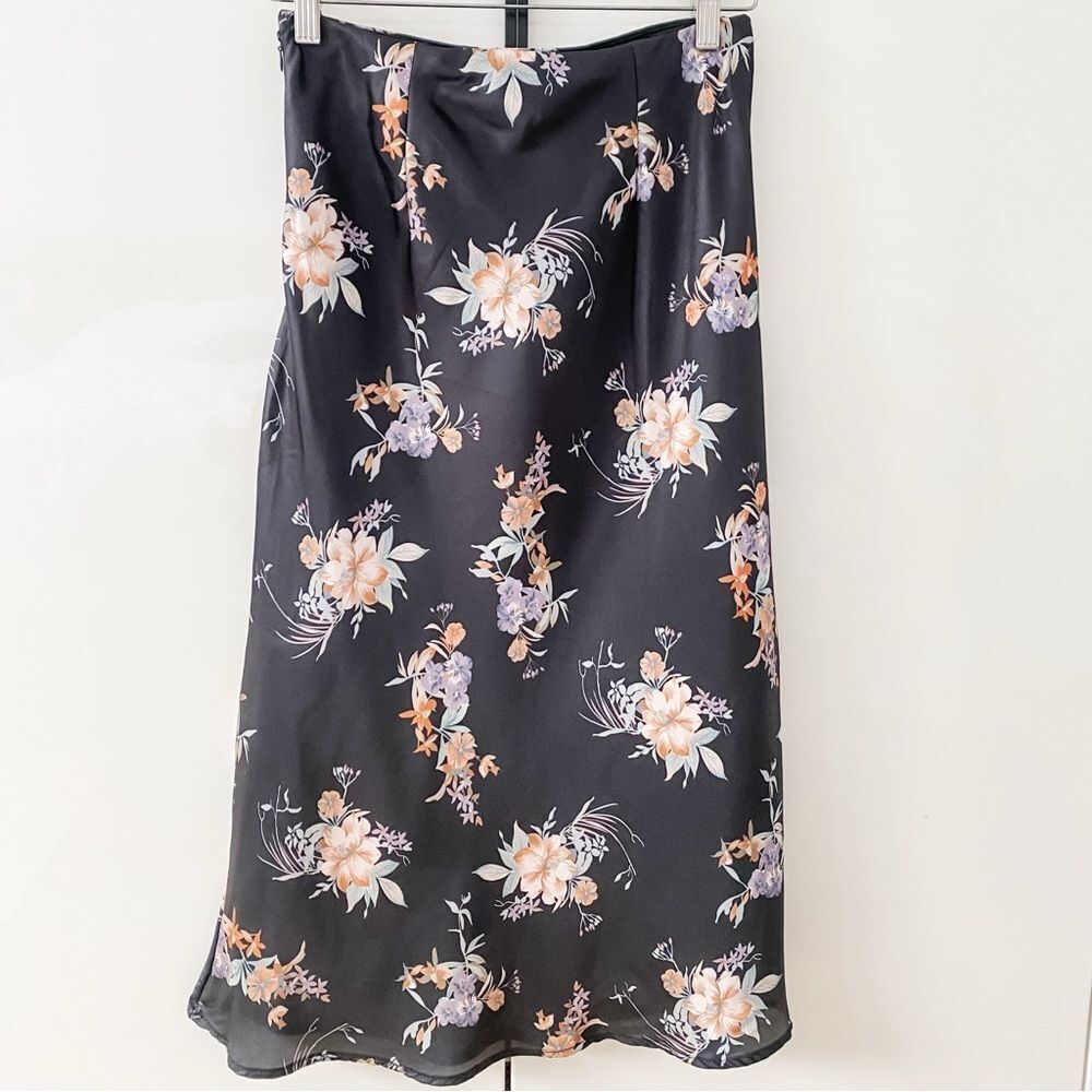 Liquidation Sale: Simons | Black Midi Slip Skirt with Pinkish Floral Print